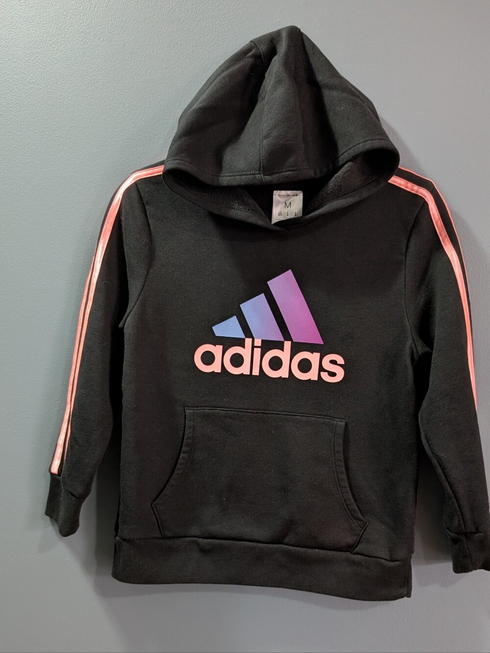 EUC Adidas Hoodie with Pink Stripes Logo Youth Girls Medium 10/12 *M15